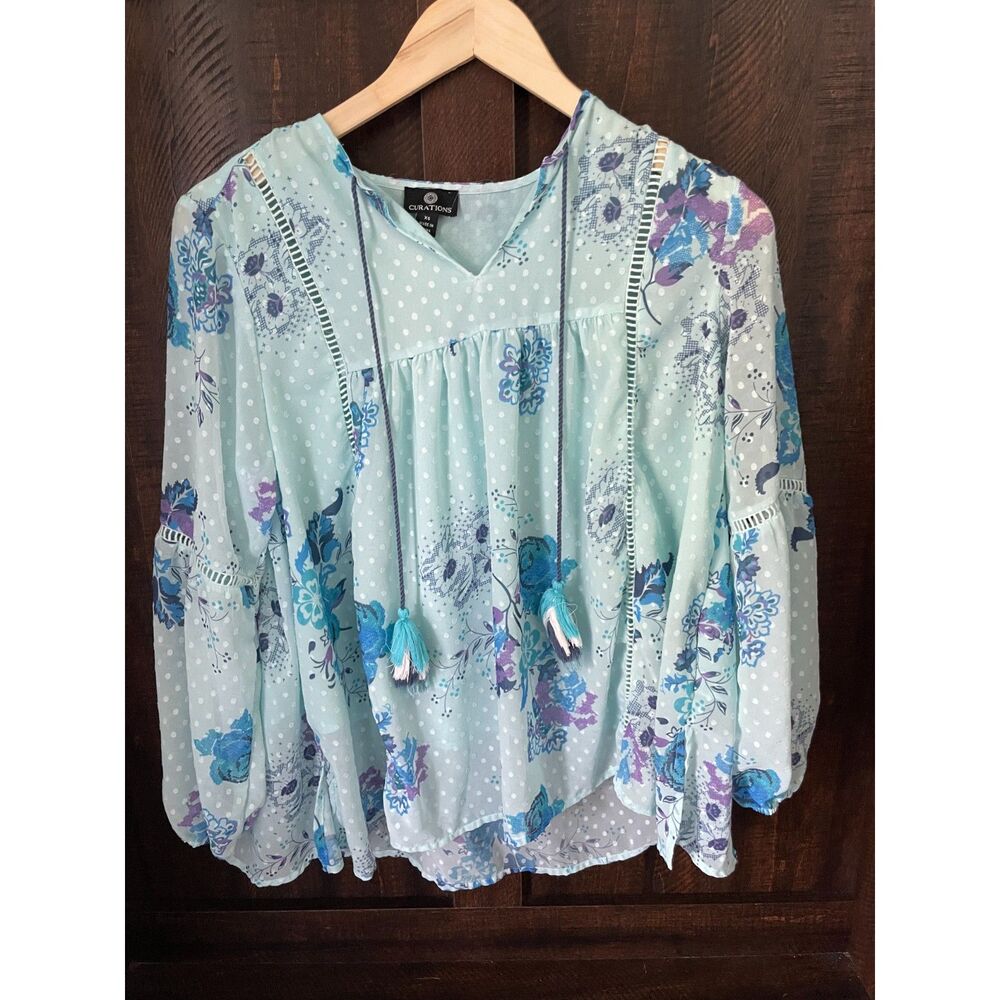 Mint Blue Floral Swiss Dot Tassel Peasant Blouse Boho Top Women's XS